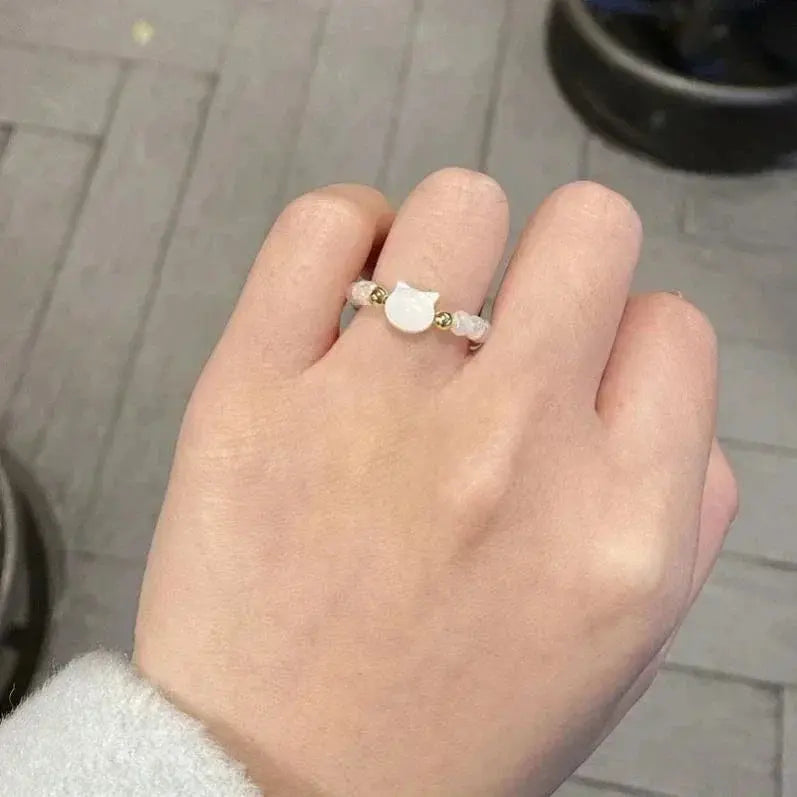 2pcs Natural Moonstone Obsidian Rings Beads Minimalist Fidget Ring Cute Black White Cat Ring Women Men Party Accessories Jewelry Tech Triumph Shop