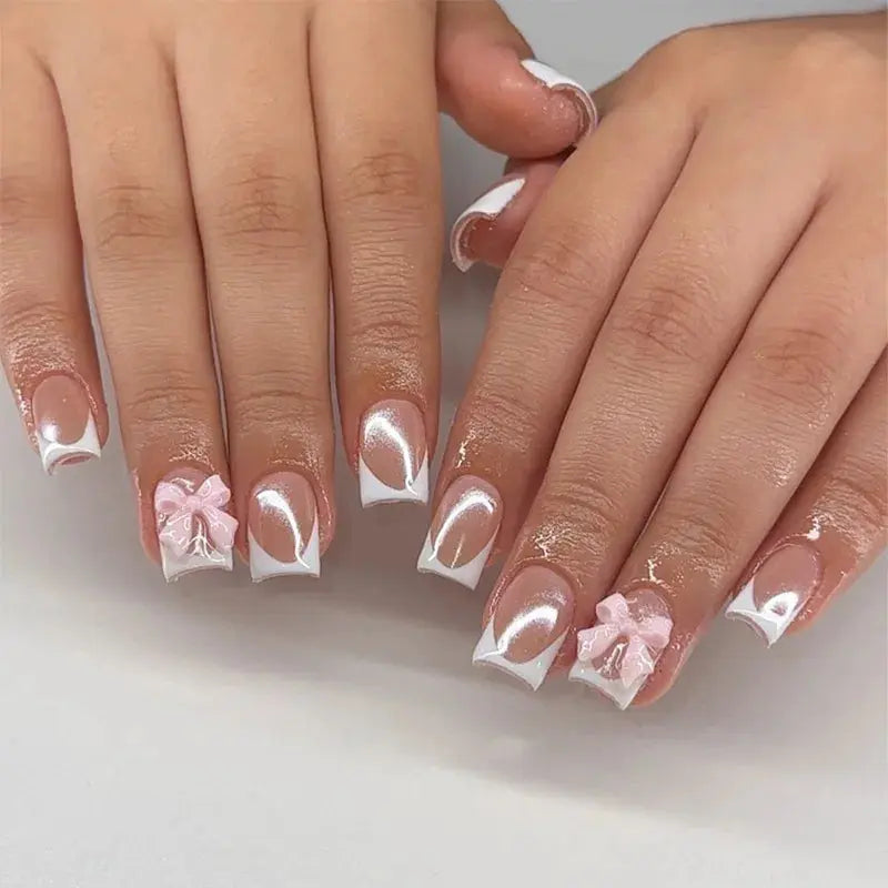 White French Press on Nails 3D Bowknot Fake Nails Tips Full Cover Wearable False Nails for Women and Girls DIY Manicure 24Pcs Tech Triumph Shop