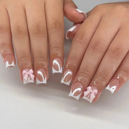 White French Press on Nails 3D Bowknot Fake Nails Tips Full Cover Wearable False Nails for Women and Girls DIY Manicure 24Pcs Tech Triumph Shop