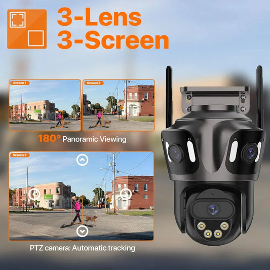 Three Screen WIFI IP Camera Outdoor 4K Dual Lens PTZ Camera Ai Human Detection IP66 Waterproof CCTV Video Security Camera iCsee Tech Triumph Shop