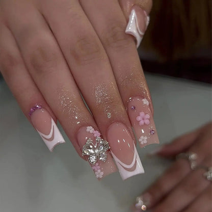 24pcs Sweet Cute Bow False Nails with Pink Crystal Design Korean Fake Nail Tips for Girl Lady Wearable Full Cover Press on Nails Tech Triumph Shop