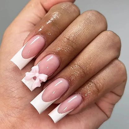 White French Press on Nails 3D Bowknot Fake Nails Tips Full Cover Wearable False Nails for Women and Girls DIY Manicure 24Pcs Tech Triumph Shop