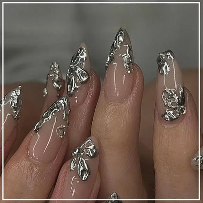 24Pcs False Nails Spicy Girl Silver Bow with Diamond Fake Nails with Glue Almond Press on Nails Black Cool Y2k Almond Nail Set Tech Triumph Shop