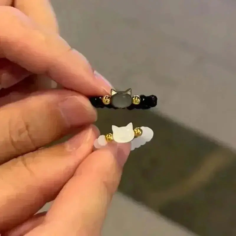 2pcs Natural Moonstone Obsidian Rings Beads Minimalist Fidget Ring Cute Black White Cat Ring Women Men Party Accessories Jewelry Tech Triumph Shop