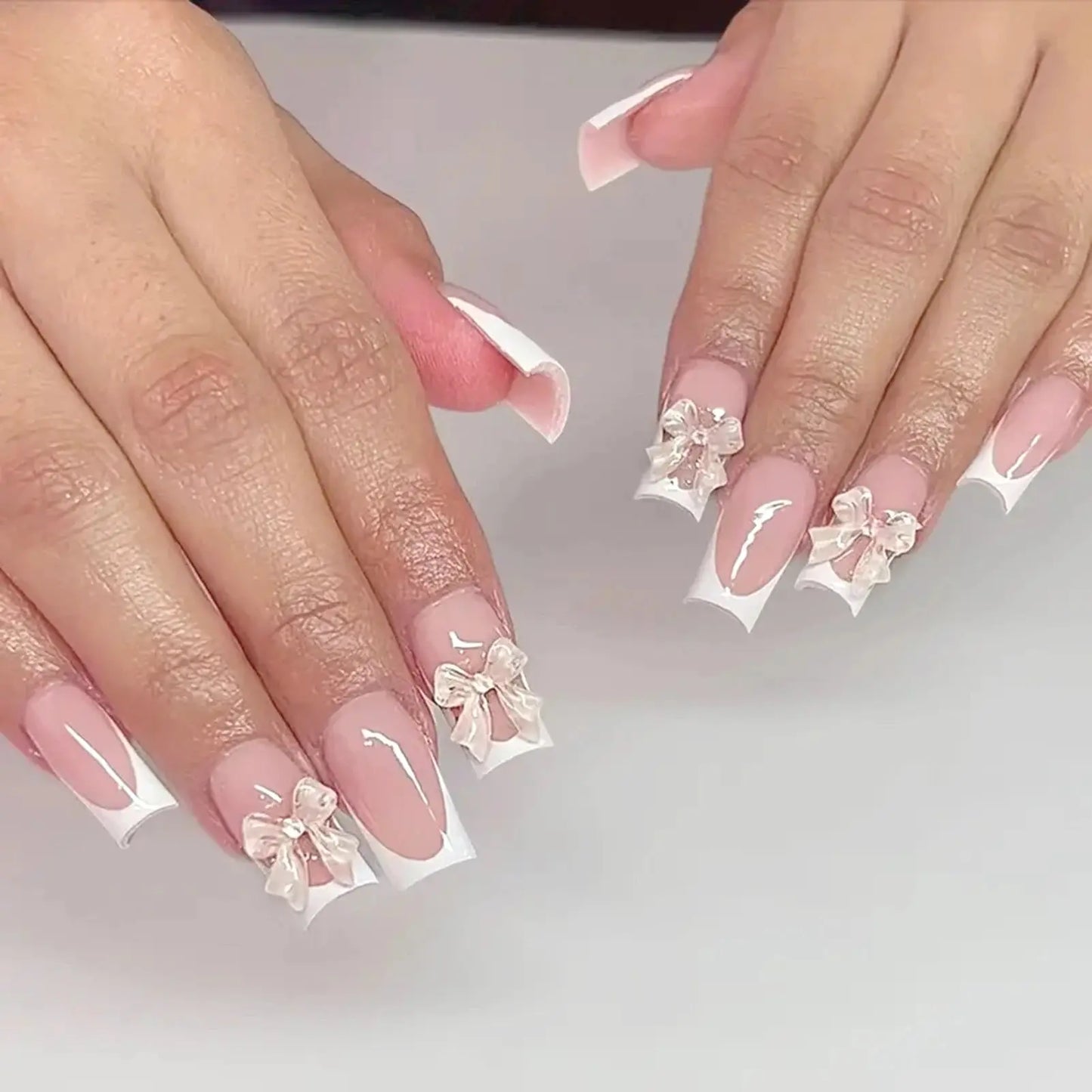 White French Press on Nails 3D Bowknot Fake Nails Tips Full Cover Wearable False Nails for Women and Girls DIY Manicure 24Pcs Tech Triumph Shop