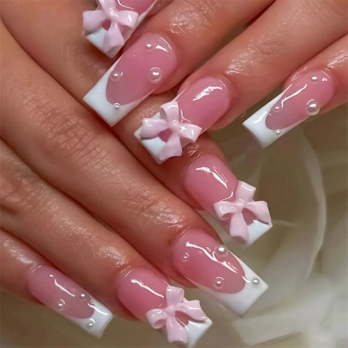 White French Press on Nails 3D Bowknot Fake Nails Tips Full Cover Wearable False Nails for Women and Girls DIY Manicure 24Pcs Tech Triumph Shop