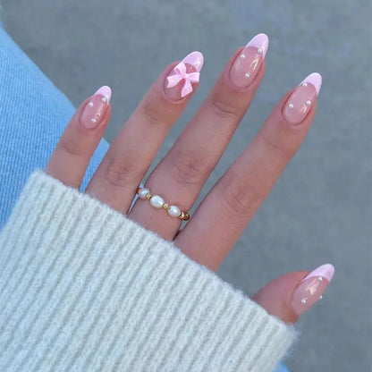 White French Press on Nails 3D Bowknot Fake Nails Tips Full Cover Wearable False Nails for Women and Girls DIY Manicure 24Pcs Tech Triumph Shop
