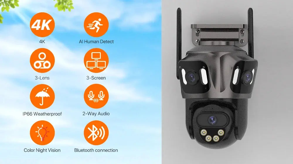 Three Screen WIFI IP Camera Outdoor 4K Dual Lens PTZ Camera Ai Human Detection IP66 Waterproof CCTV Video Security Camera iCsee Tech Triumph Shop