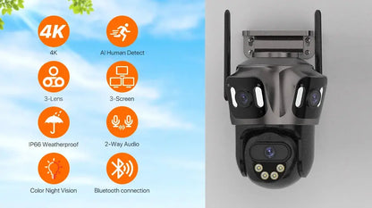 Three Screen WIFI IP Camera Outdoor 4K Dual Lens PTZ Camera Ai Human Detection IP66 Waterproof CCTV Video Security Camera iCsee Tech Triumph Shop