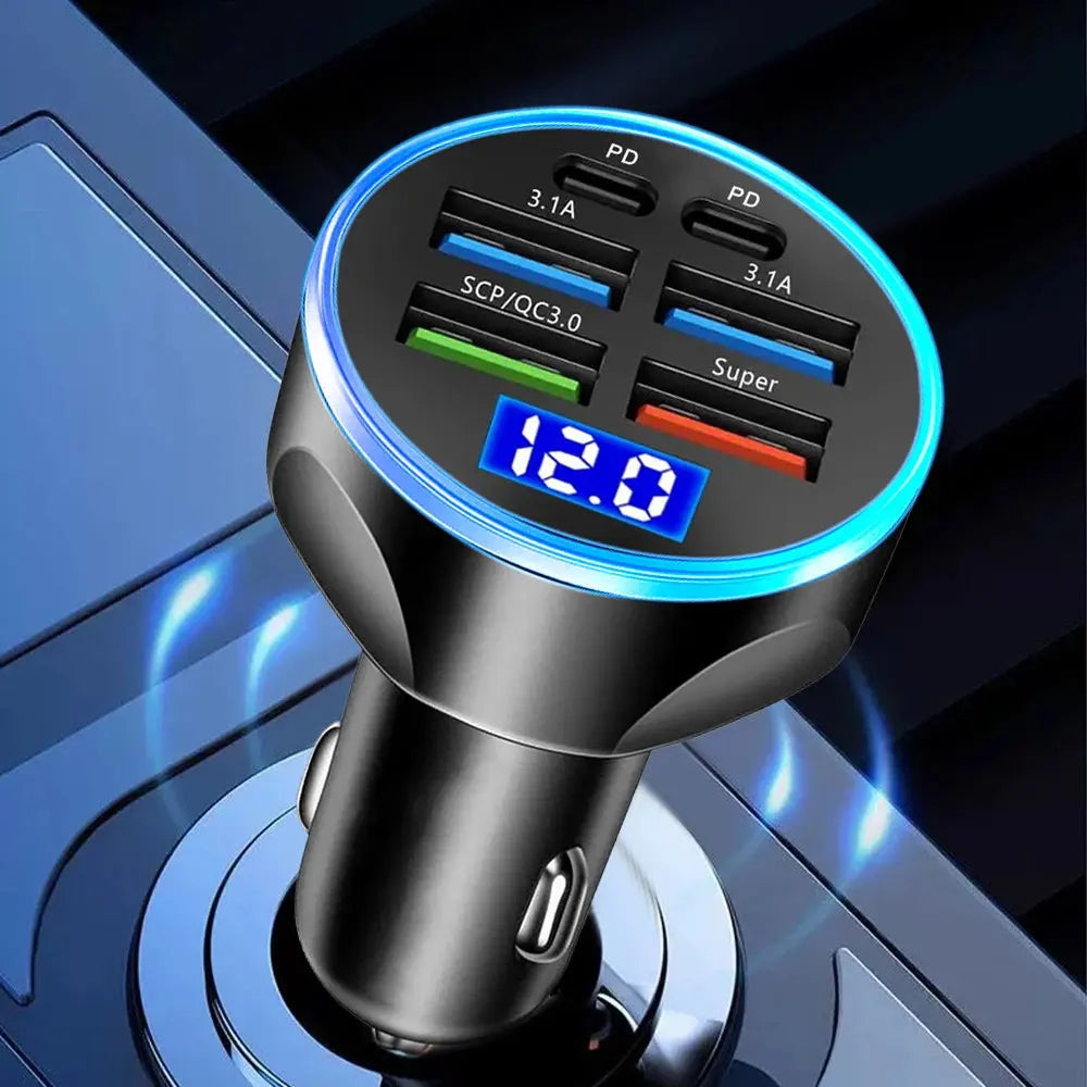 66-250W PD Car Charger QC3.0 Fast Charge One to Six Car Cigarette Lighter Plug Car Charger Flash Charge with Digital Display Tech Triumph Shop