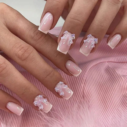 White French Press on Nails 3D Bowknot Fake Nails Tips Full Cover Wearable False Nails for Women and Girls DIY Manicure 24Pcs Tech Triumph Shop