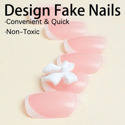 White French Press on Nails 3D Bowknot Fake Nails Tips Full Cover Wearable False Nails for Women and Girls DIY Manicure 24Pcs Tech Triumph Shop