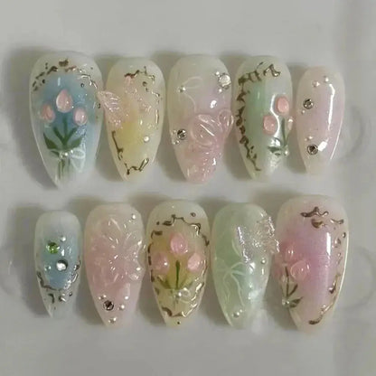 24Pcs Pink Almond False Nails Butterfly Ballet with French Design Wearable Fake Nails Simple Artificial Press on Nails Tips Art Tech Triumph Shop
