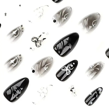24Pcs False Nails Spicy Girl Silver Bow with Diamond Fake Nails with Glue Almond Press on Nails Black Cool Y2k Almond Nail Set Tech Triumph Shop