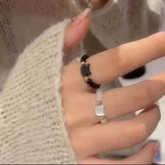 2pcs Natural Moonstone Obsidian Rings Beads Minimalist Fidget Ring Cute Black White Cat Ring Women Men Party Accessories Jewelry Tech Triumph Shop