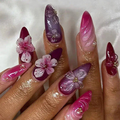 24Pcs Pink Almond False Nails Butterfly Ballet with French Design Wearable Fake Nails Simple Artificial Press on Nails Tips Art Tech Triumph Shop