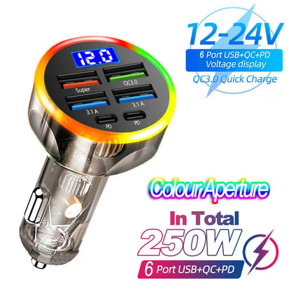 66-250W PD Car Charger QC3.0 Fast Charge One to Six Car Cigarette Lighter Plug Car Charger Flash Charge with Digital Display Tech Triumph Shop