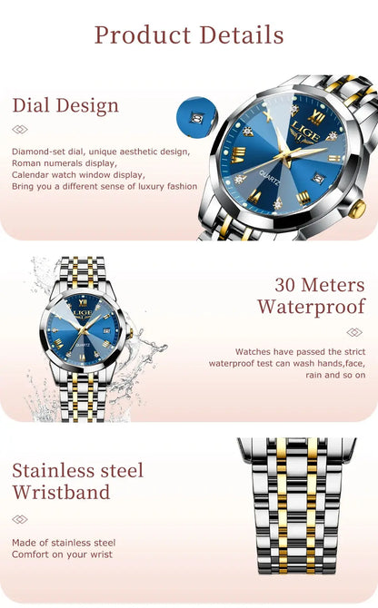 LIGE Elegant Ultrathin Nordic Simple Style Quartz Movement Women's Wristwatch Fashion Stainless Steel Bracelet Belt Woman Watch Tech Triumph Shop
