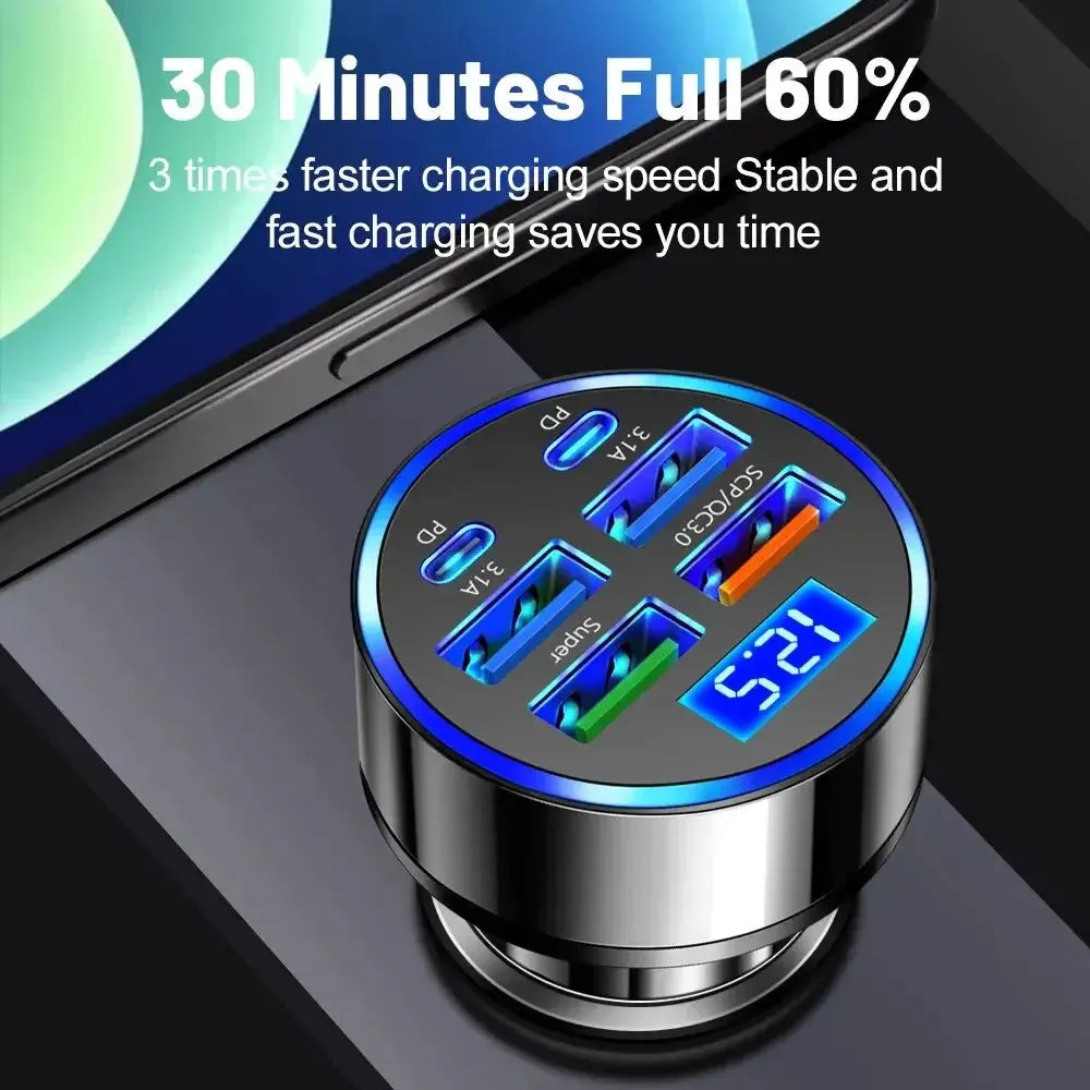 66-250W PD Car Charger QC3.0 Fast Charge One to Six Car Cigarette Lighter Plug Car Charger Flash Charge with Digital Display Tech Triumph Shop