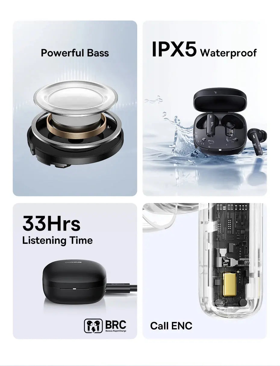Baseus Bowie E19 Wireless Earphones Bluetooth 5.3 Big Bass 12mm Drivers IPX5 Waterproof Earbuds 33Hrs Battery Life Headphones Tech Triumph Shop