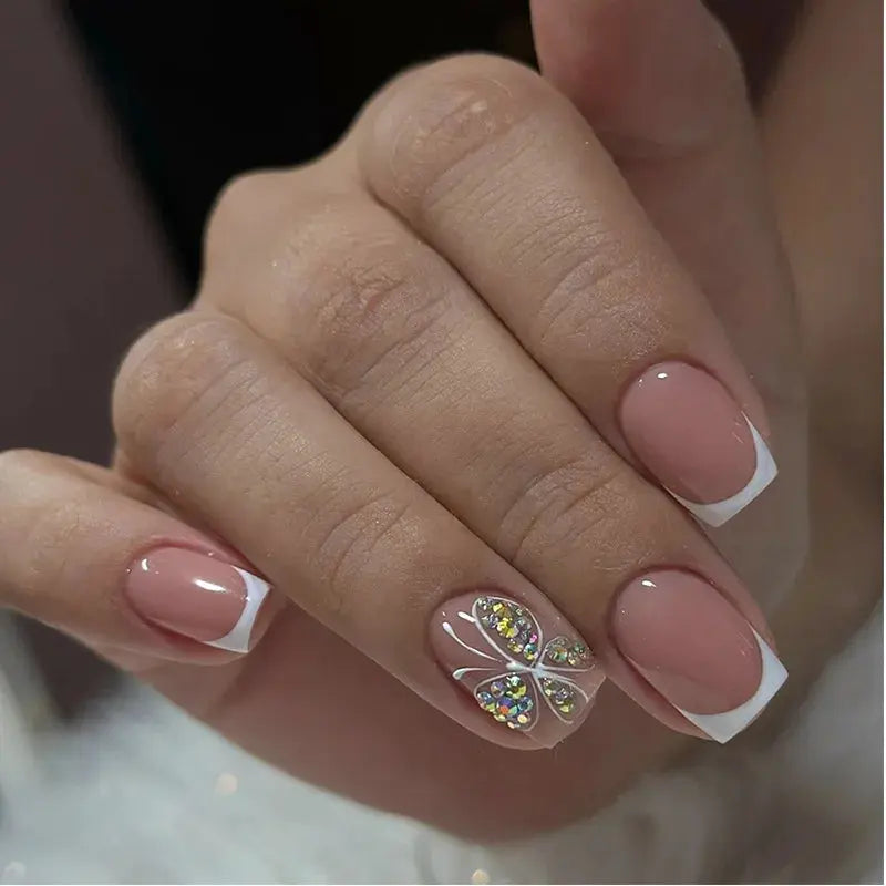 White French Press on Nails 3D Bowknot Fake Nails Tips Full Cover Wearable False Nails for Women and Girls DIY Manicure 24Pcs Tech Triumph Shop