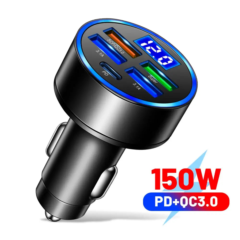 66-250W PD Car Charger QC3.0 Fast Charge One to Six Car Cigarette Lighter Plug Car Charger Flash Charge with Digital Display Tech Triumph Shop
