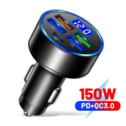 66-250W PD Car Charger QC3.0 Fast Charge One to Six Car Cigarette Lighter Plug Car Charger Flash Charge with Digital Display Tech Triumph Shop