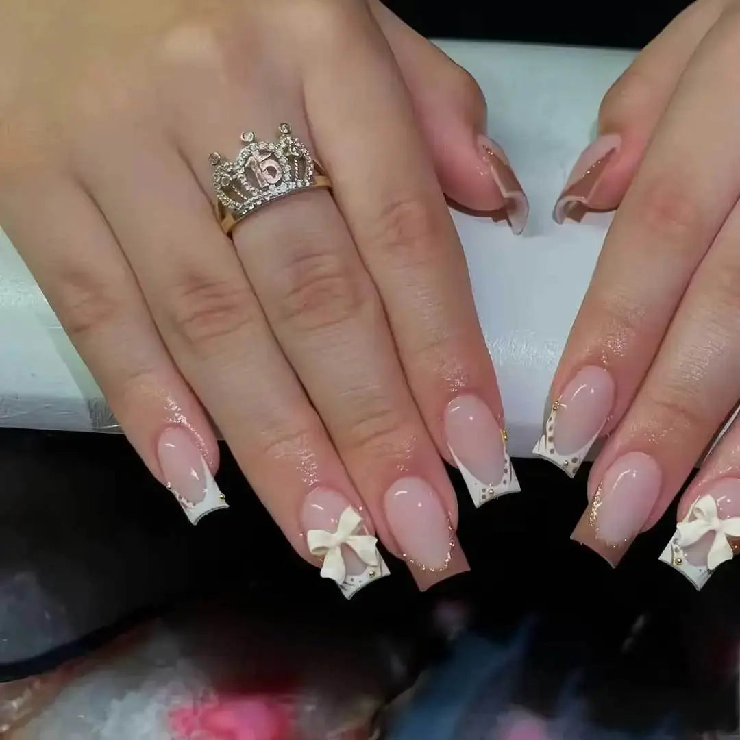 White French Press on Nails 3D Bowknot Fake Nails Tips Full Cover Wearable False Nails for Women and Girls DIY Manicure 24Pcs Tech Triumph Shop