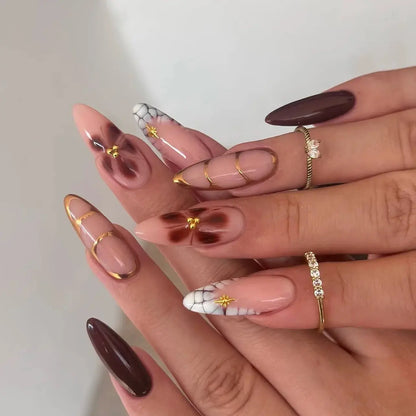24pcs White Flower Fake Nail Tips Ins Yellow Pink Blush False Nails Wearable Full Cover European Almond Shaped Press on Nails Tech Triumph Shop