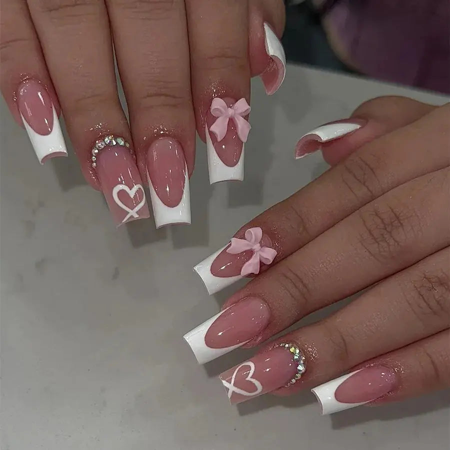 White French Press on Nails 3D Bowknot Fake Nails Tips Full Cover Wearable False Nails for Women and Girls DIY Manicure 24Pcs Tech Triumph Shop